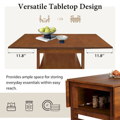 Wood Dining Table Set for 4, Extendable Square Kitchen Table Set with Two Drop Leaves, Storage Shelf and 4 Upholstered Chairs