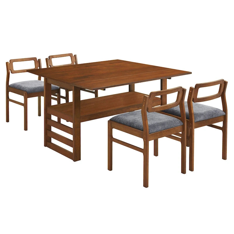 Wood Dining Table Set for 4, Extendable Square Kitchen Table Set with Two Drop Leaves, Storage Shelf and 4 Upholstered Chairs