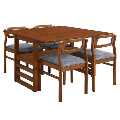 Wood Dining Table Set for 4, Extendable Square Kitchen Table Set with Two Drop Leaves, Storage Shelf and 4 Upholstered Chairs