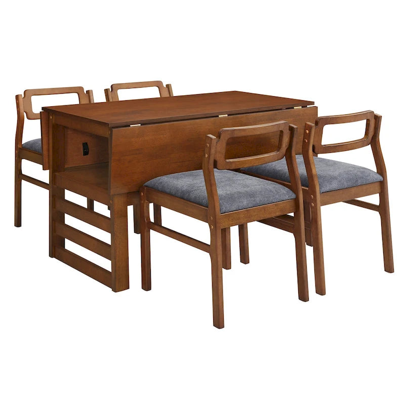 Wood Dining Table Set for 4, Extendable Square Kitchen Table Set with Two Drop Leaves, Storage Shelf and 4 Upholstered Chairs