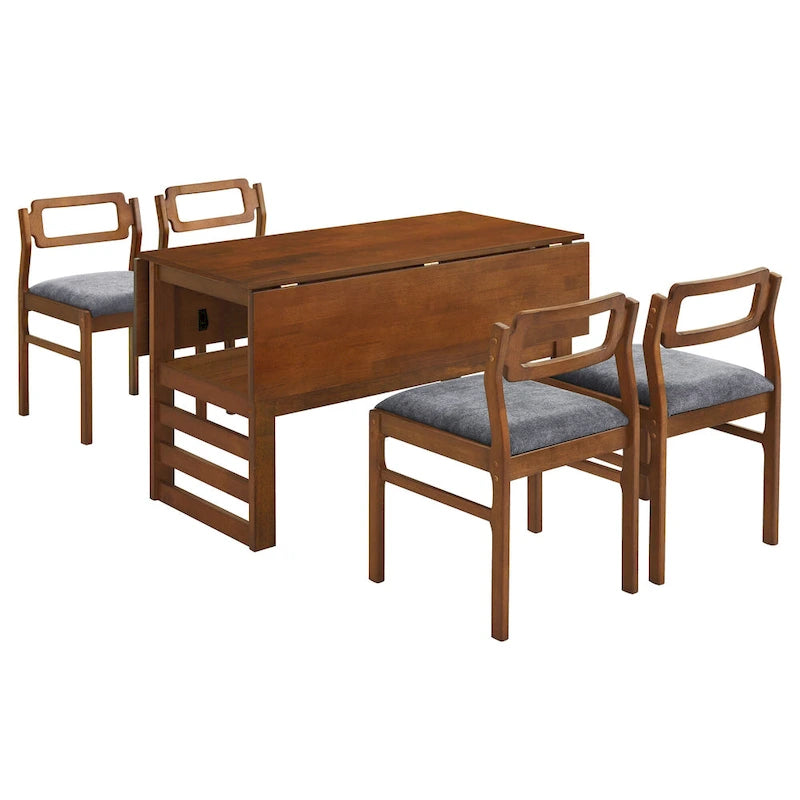 Wood Dining Table Set for 4, Extendable Square Kitchen Table Set with Two Drop Leaves, Storage Shelf and 4 Upholstered Chairs