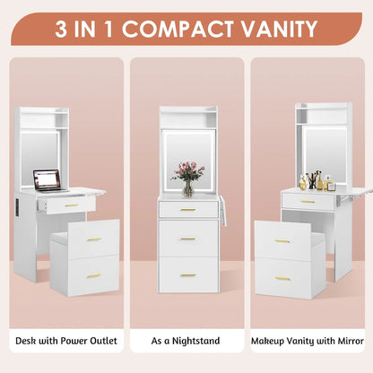 Small Vanity Desk with Mirror and Light, Makeup Table with Fold-up Panel, 3 in 1 Vanity Set with Hidden Stool