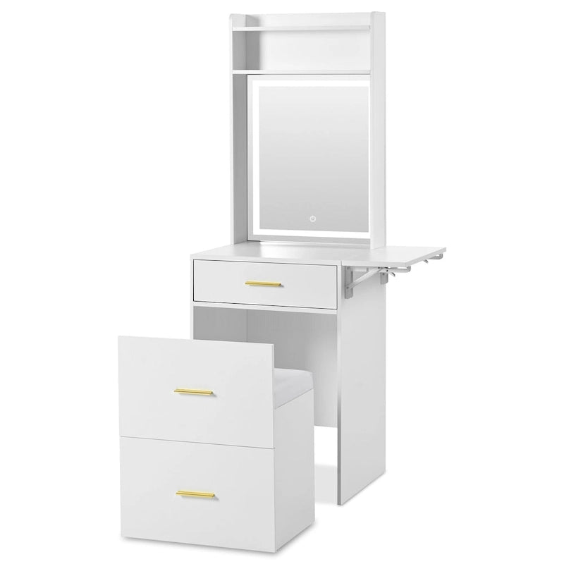 Small Vanity Desk with Mirror and Light, Makeup Table with Fold-up Panel, 3 in 1 Vanity Set with Hidden Stool