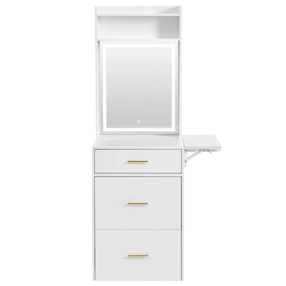 Small Vanity Desk with Mirror and Light, Makeup Table with Fold-up Panel, 3 in 1 Vanity Set with Hidden Stool