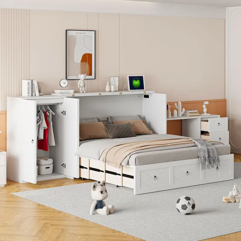 Queen Murphy Bed with USB Port and Drawers,Versatile Solid Wood Cabinet Bed with Desk and Wardrobe