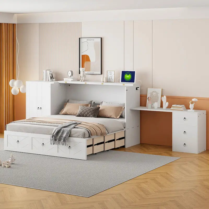 Queen Murphy Bed with USB Port and Drawers,Versatile Solid Wood Cabinet Bed with Desk and Wardrobe