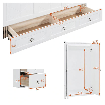 Queen Murphy Bed with USB Port and Drawers,Versatile Solid Wood Cabinet Bed with Desk and Wardrobe