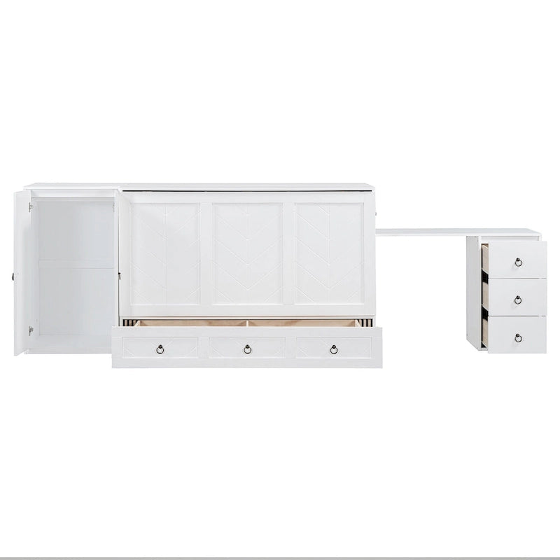 Queen Murphy Bed with USB Port and Drawers,Versatile Solid Wood Cabinet Bed with Desk and Wardrobe