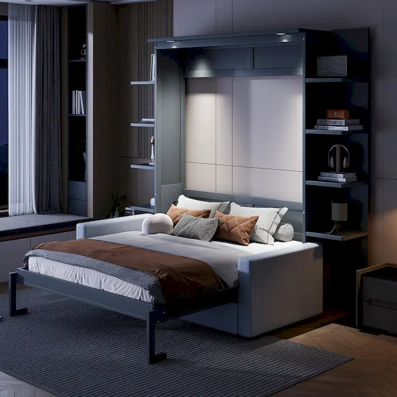 Queen Size Murphy Bed with Sofa, LED Lights &amp; Shelves