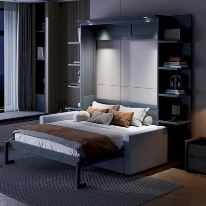 Queen Size Murphy Bed with Sofa, LED Lights &amp; Shelves