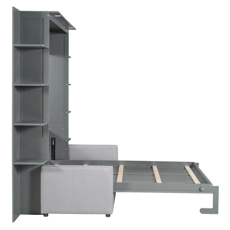 Queen Size Murphy Bed with Sofa, LED Lights &amp; Shelves