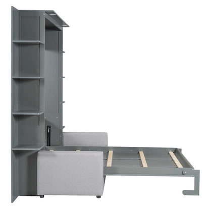 Queen Size Murphy Bed with Sofa, LED Lights &amp; Shelves