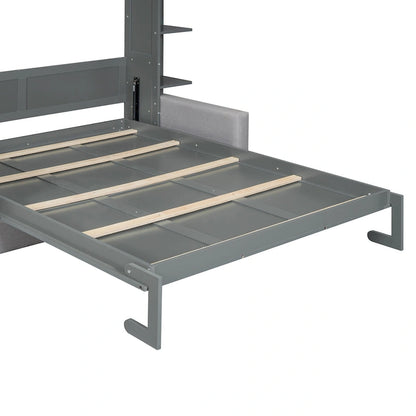 Queen Size Murphy Bed with Sofa, LED Lights &amp; Shelves