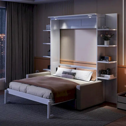 Queen Size Murphy Bed with Sofa, LED Lights &amp; Shelves