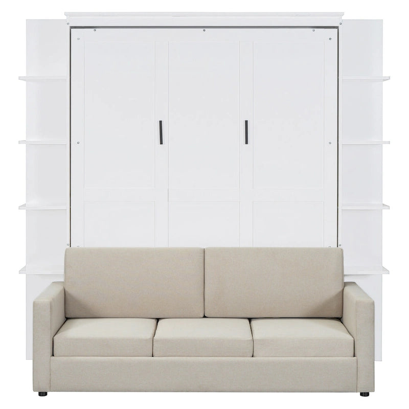 Queen Size Murphy Bed with Sofa, LED Lights &amp; Shelves