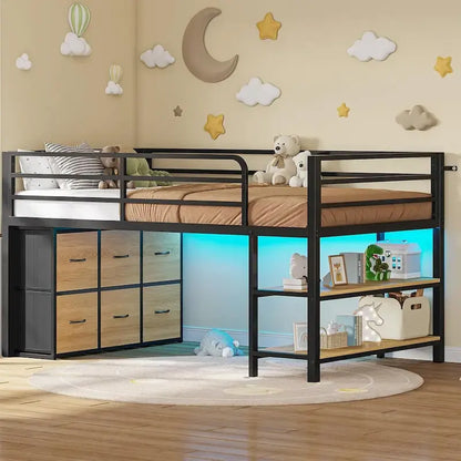 Twin Size Low Loft Bed with 6 Fabric Storage Drawers LED Lights