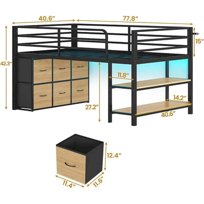 Twin Size Low Loft Bed with 6 Fabric Storage Drawers LED Lights