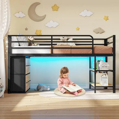 Twin Size Low Loft Bed with 6 Fabric Storage Drawers LED Lights
