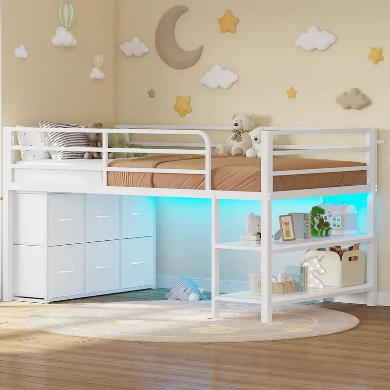 Twin Size Low Loft Bed with 6 Fabric Storage Drawers LED Lights