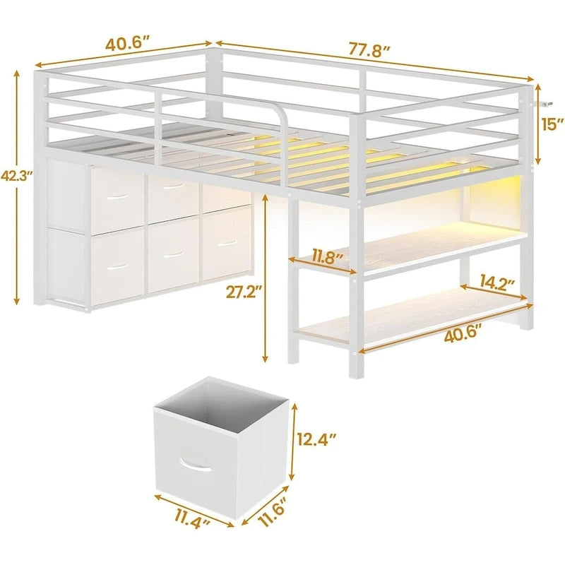 Twin Size Low Loft Bed with 6 Fabric Storage Drawers LED Lights