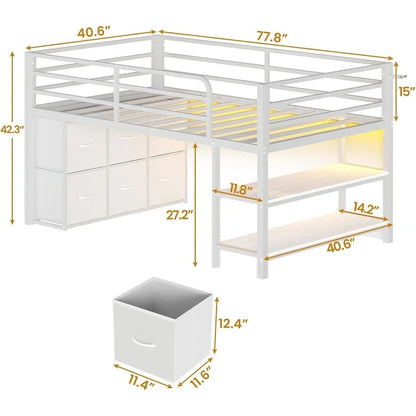 Twin Size Low Loft Bed with 6 Fabric Storage Drawers LED Lights