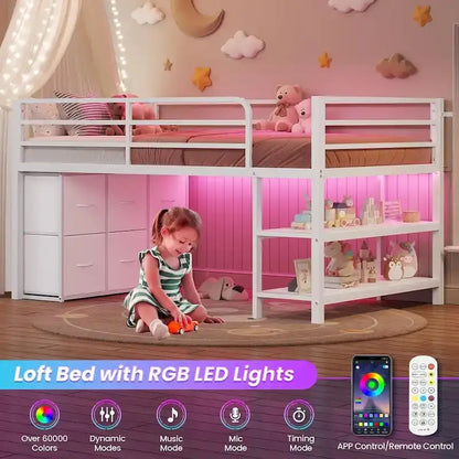 Twin Size Low Loft Bed with 6 Fabric Storage Drawers LED Lights