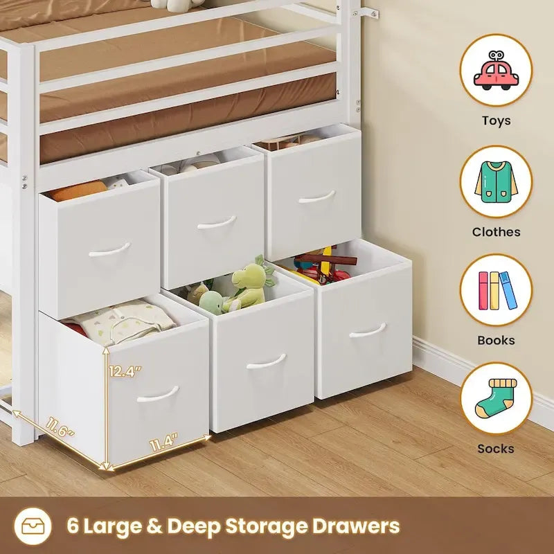 Twin Size Low Loft Bed with 6 Fabric Storage Drawers LED Lights