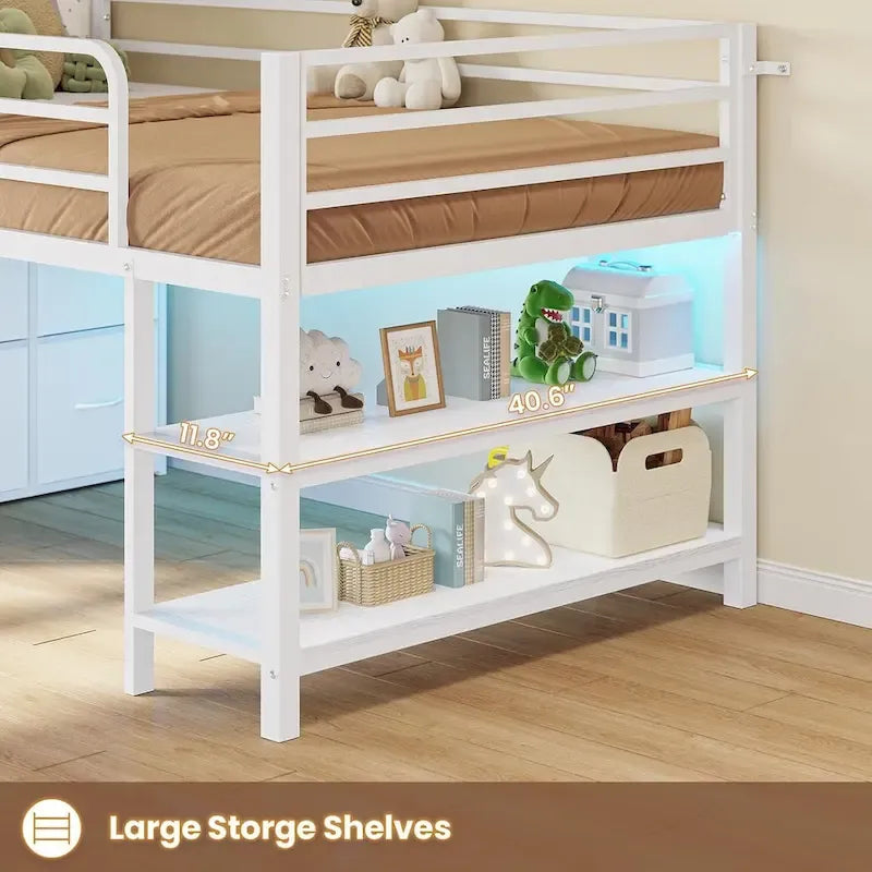 Twin Size Low Loft Bed with 6 Fabric Storage Drawers LED Lights