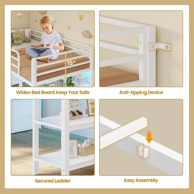 Twin Size Low Loft Bed with 6 Fabric Storage Drawers LED Lights