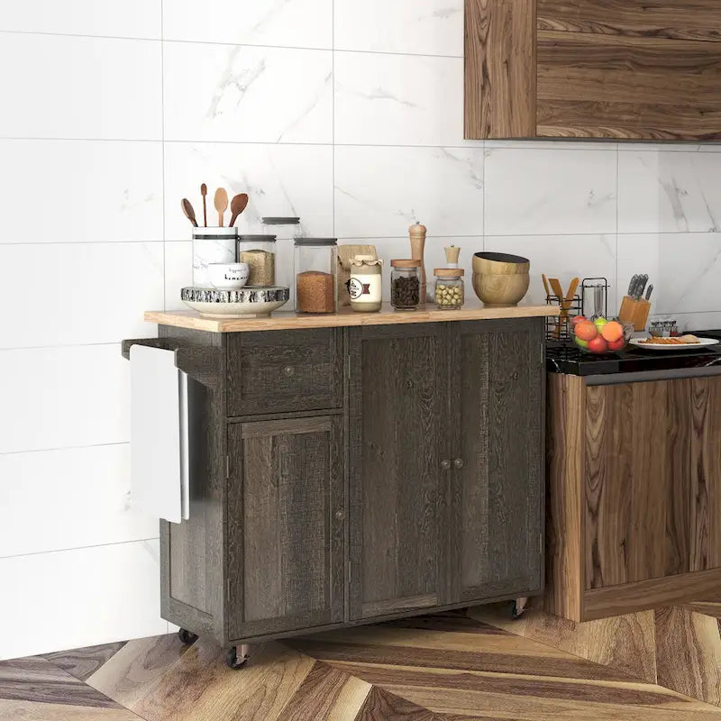Triple-Cabinet Rolling Kitchen Island On Wheels(no include stool)