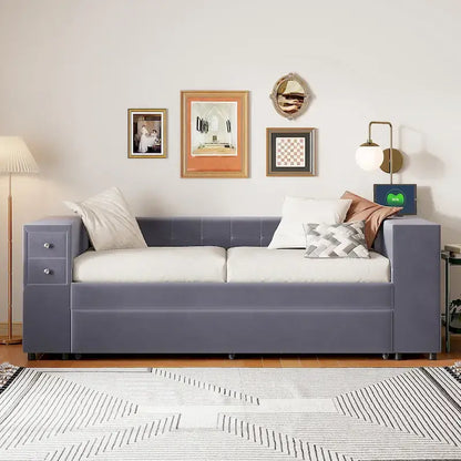 Velvet Upholstered Platform Bed, Wood Daybed with Pull-out Trundle Bed, USB Charging Ports, Storage Space on Both Sides