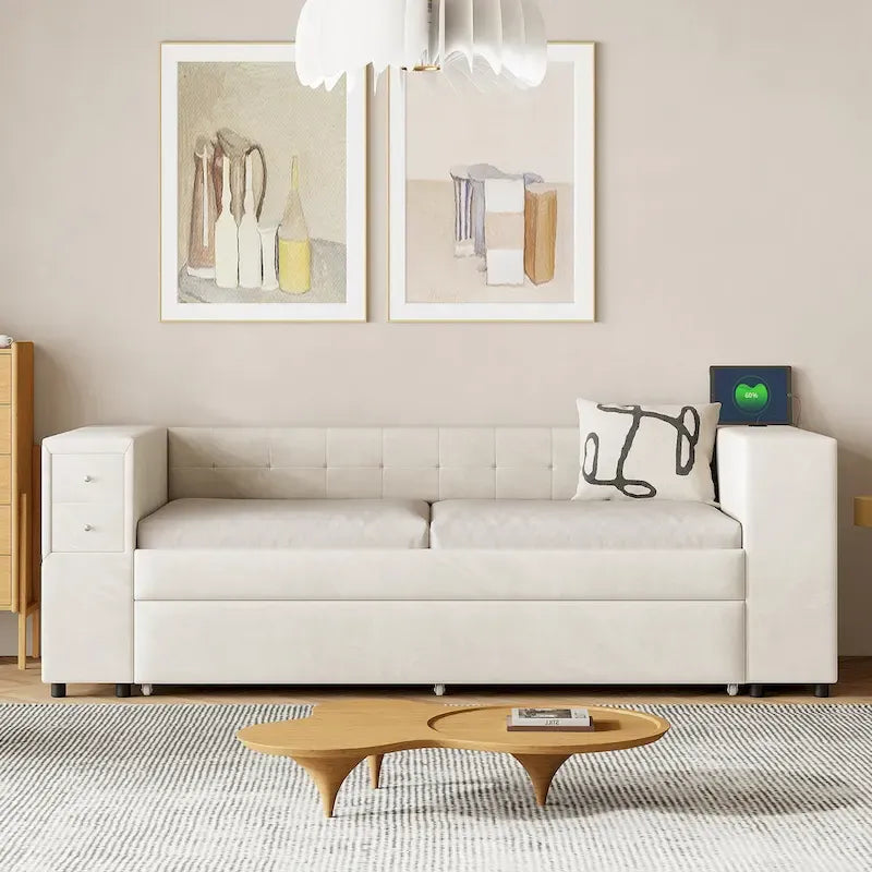 Velvet Upholstered Platform Bed, Wood Daybed with Pull-out Trundle Bed, USB Charging Ports, Storage Space on Both Sides