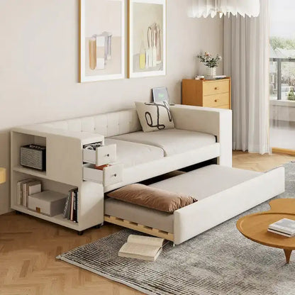 Velvet Upholstered Platform Bed, Wood Daybed with Pull-out Trundle Bed, USB Charging Ports, Storage Space on Both Sides