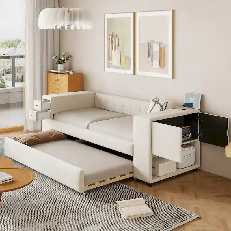 Velvet Upholstered Platform Bed, Wood Daybed with Pull-out Trundle Bed, USB Charging Ports, Storage Space on Both Sides