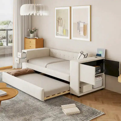 Velvet Upholstered Platform Bed, Wood Daybed with Pull-out Trundle Bed, USB Charging Ports, Storage Space on Both Sides