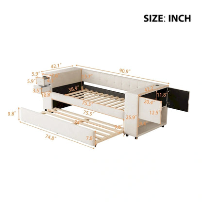 Velvet Upholstered Platform Bed, Wood Daybed with Pull-out Trundle Bed, USB Charging Ports, Storage Space on Both Sides