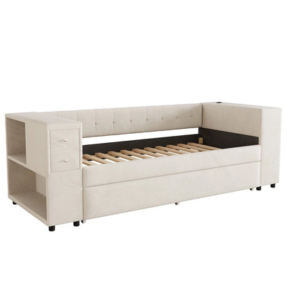 Velvet Upholstered Platform Bed, Wood Daybed with Pull-out Trundle Bed, USB Charging Ports, Storage Space on Both Sides