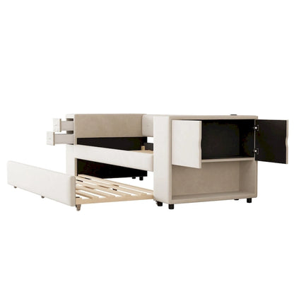 Velvet Upholstered Platform Bed, Wood Daybed with Pull-out Trundle Bed, USB Charging Ports, Storage Space on Both Sides