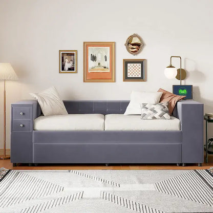 Velvet Upholstered Platform Bed, Wood Daybed with Pull-out Trundle Bed, USB Charging Ports, Storage Space on Both Sides