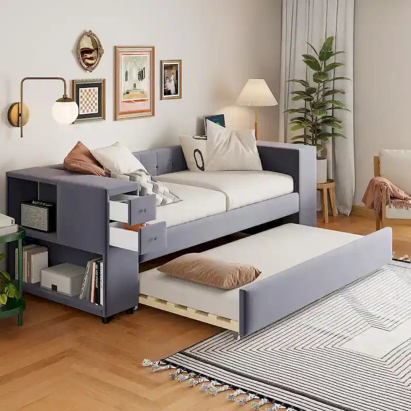 Velvet Upholstered Platform Bed, Wood Daybed with Pull-out Trundle Bed, USB Charging Ports, Storage Space on Both Sides