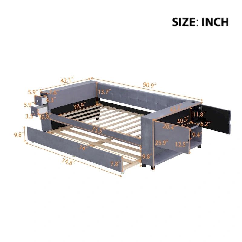 Velvet Upholstered Platform Bed, Wood Daybed with Pull-out Trundle Bed, USB Charging Ports, Storage Space on Both Sides