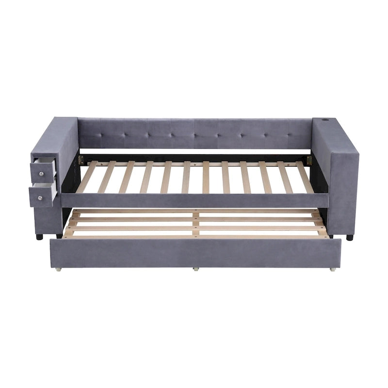Velvet Upholstered Platform Bed, Wood Daybed with Pull-out Trundle Bed, USB Charging Ports, Storage Space on Both Sides