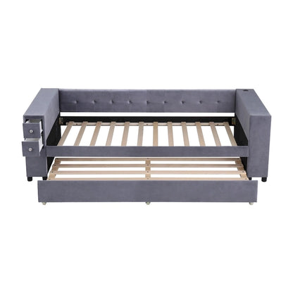 Velvet Upholstered Platform Bed, Wood Daybed with Pull-out Trundle Bed, USB Charging Ports, Storage Space on Both Sides