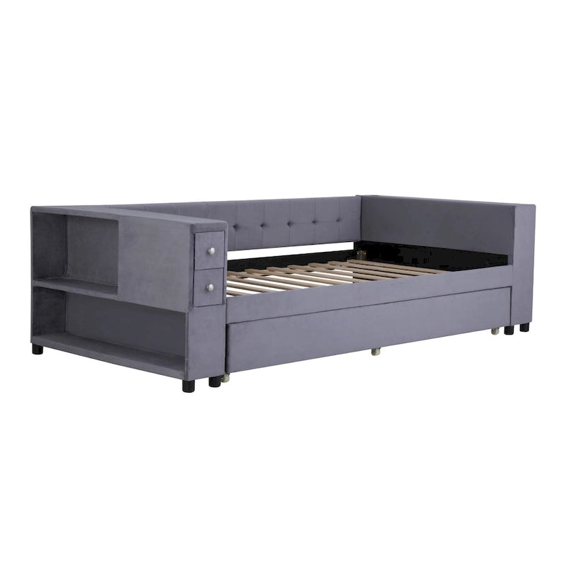 Velvet Upholstered Platform Bed, Wood Daybed with Pull-out Trundle Bed, USB Charging Ports, Storage Space on Both Sides