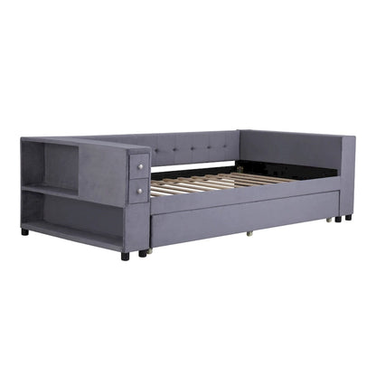 Velvet Upholstered Platform Bed, Wood Daybed with Pull-out Trundle Bed, USB Charging Ports, Storage Space on Both Sides