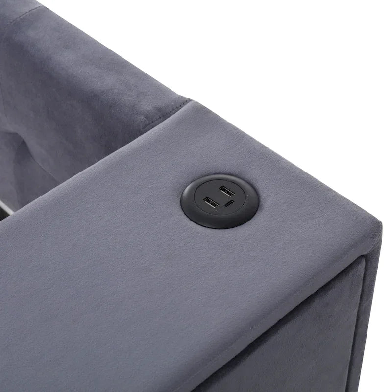 Velvet Upholstered Platform Bed, Wood Daybed with Pull-out Trundle Bed, USB Charging Ports, Storage Space on Both Sides