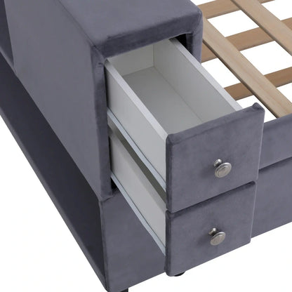 Velvet Upholstered Platform Bed, Wood Daybed with Pull-out Trundle Bed, USB Charging Ports, Storage Space on Both Sides