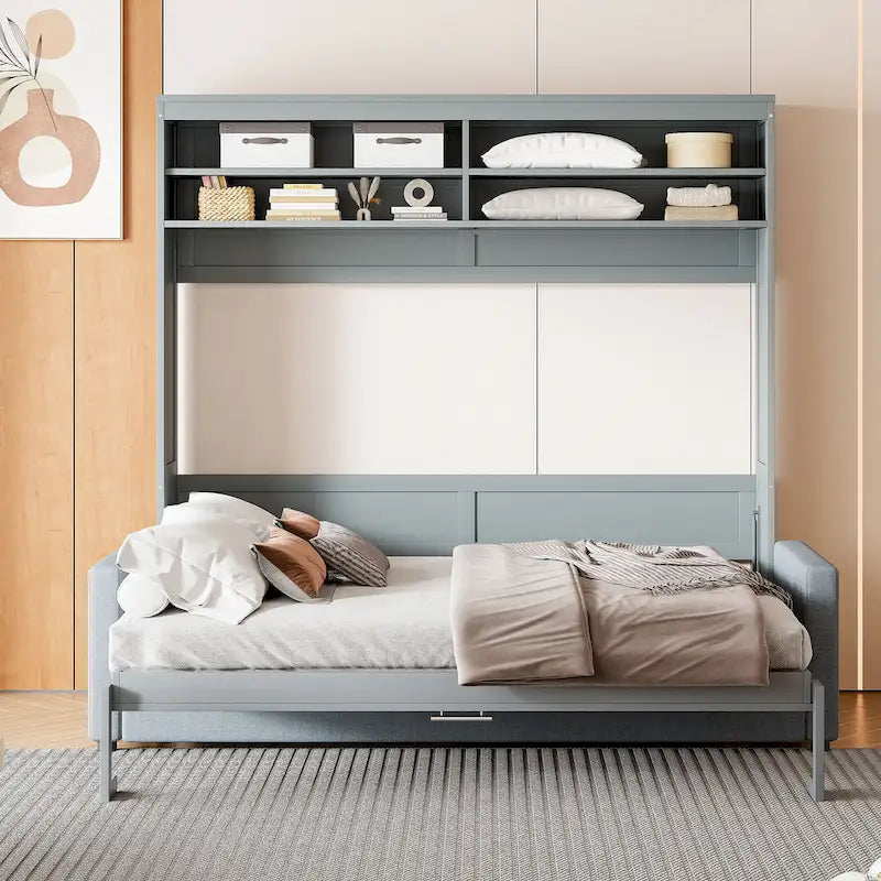 Queen Size Convertible Murphy Bed And Sofa - Space-Saving 2-in-1 Design with Integrated Storage, Dual-Piston Mechanism