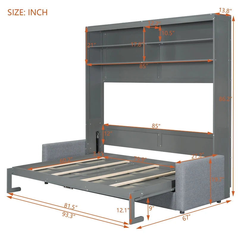 Queen Size Convertible Murphy Bed And Sofa - Space-Saving 2-in-1 Design with Integrated Storage, Dual-Piston Mechanism