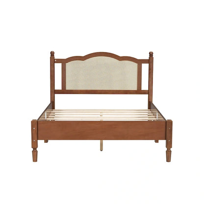 Vintage Wooden Bed with Rattan Headboard